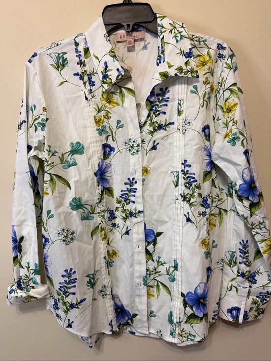 Philosophy Tops - Philosophy White Button-Down Shirt with Blue and Yellow Floral Print 2452